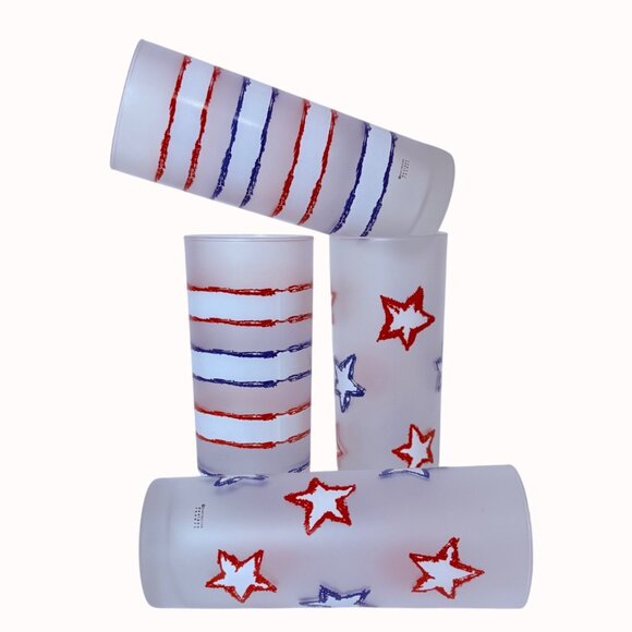 Dartington France Patriotic Tumblers Frosted Glass Set of 4 Stars Stripes July 4 - Picture 4 of 13